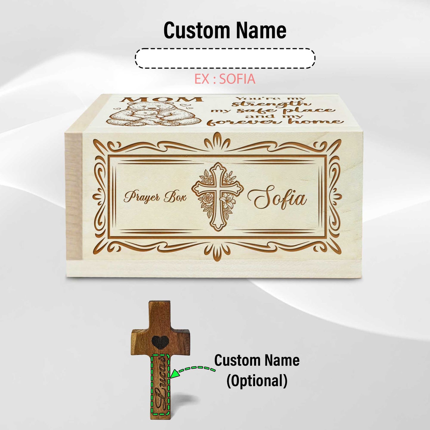Netecom Personalized Prayer Box for Mom with 100 Prayer Request Cards & Custom Name Wooden Cross – Christian Faith Gift Filled with Love and Gratitude