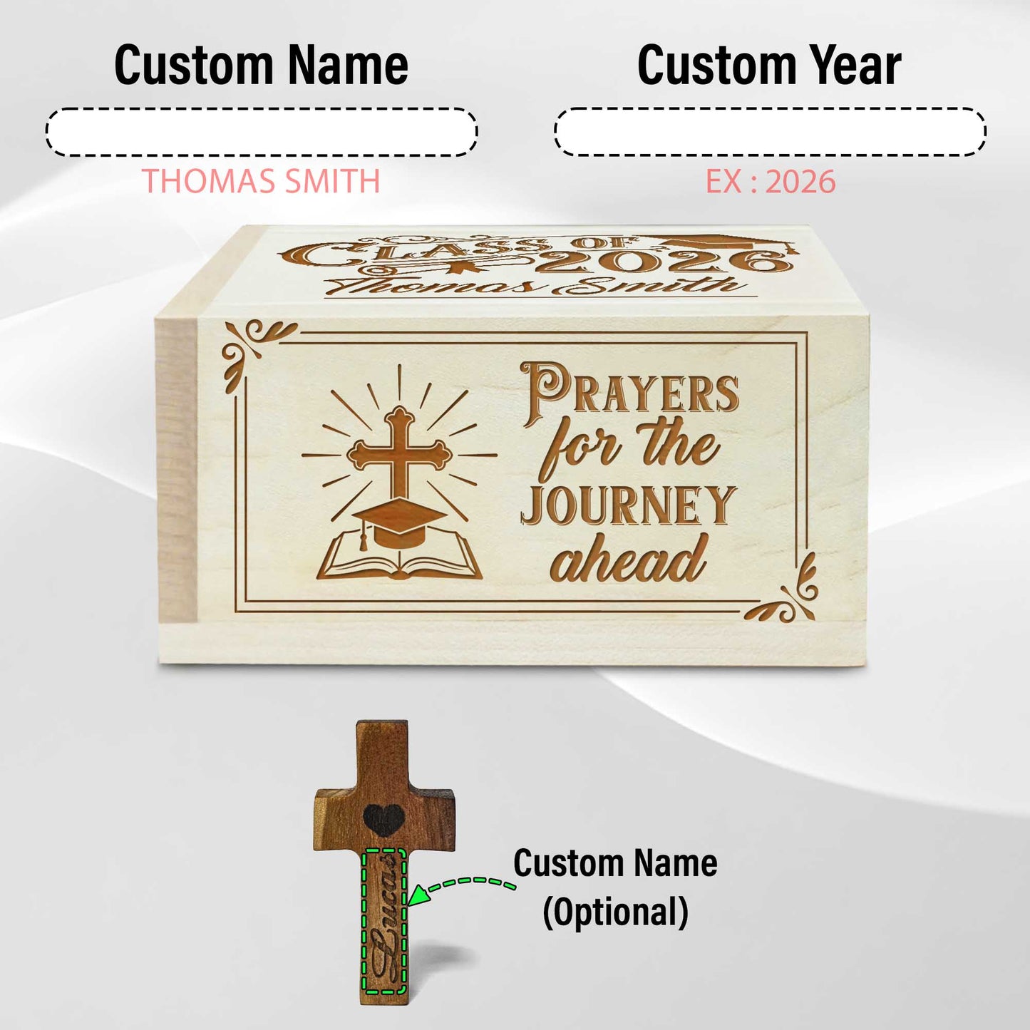 Netecom Personalized Graduation Prayer Box with Custom Name & Year on Box, Custom Name on Cross, 100 Prayer Cards, Faith-Based Christian Keepsake Gift