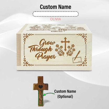 Netecom Personalized Wooden Prayer Box with Custom Name & Handheld Cross, 100 Prayer Request Cards – Grow Through Prayer Christian Faith Gift