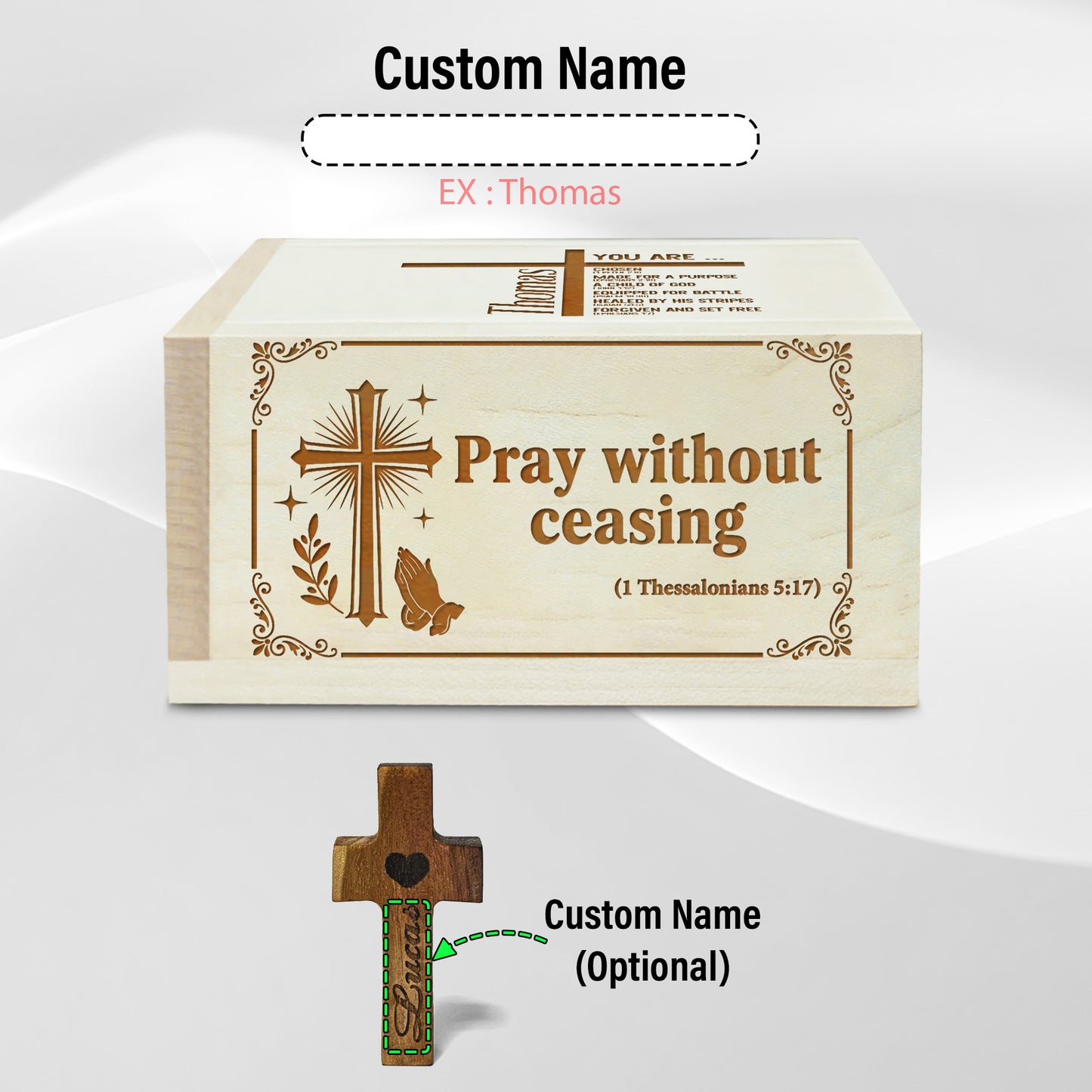 Netecom Personalized Prayer Box with Custom Name on Box and Wooden Cross – 100 Prayer Request Cards, Custom Engraved Christian Keepsake for Mom, Dad, Family, or Loved Ones