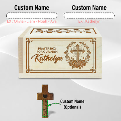 Netecom Personalized Prayer Box for Mom, Dad or Grandparent – Custom Name Engraved with Children’s Names, 100 Prayer Request Cards with Wooden Cross, Faith-Based Keepsake Gift