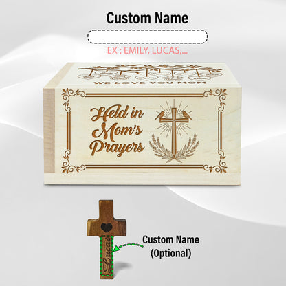 Netecom Personalized Prayer Request Box for Mom – Custom Engraved Family Names on Box with Mom Name on Wooden Cross, 100 Prayer Request Cards, Christian Keepsake Gift
