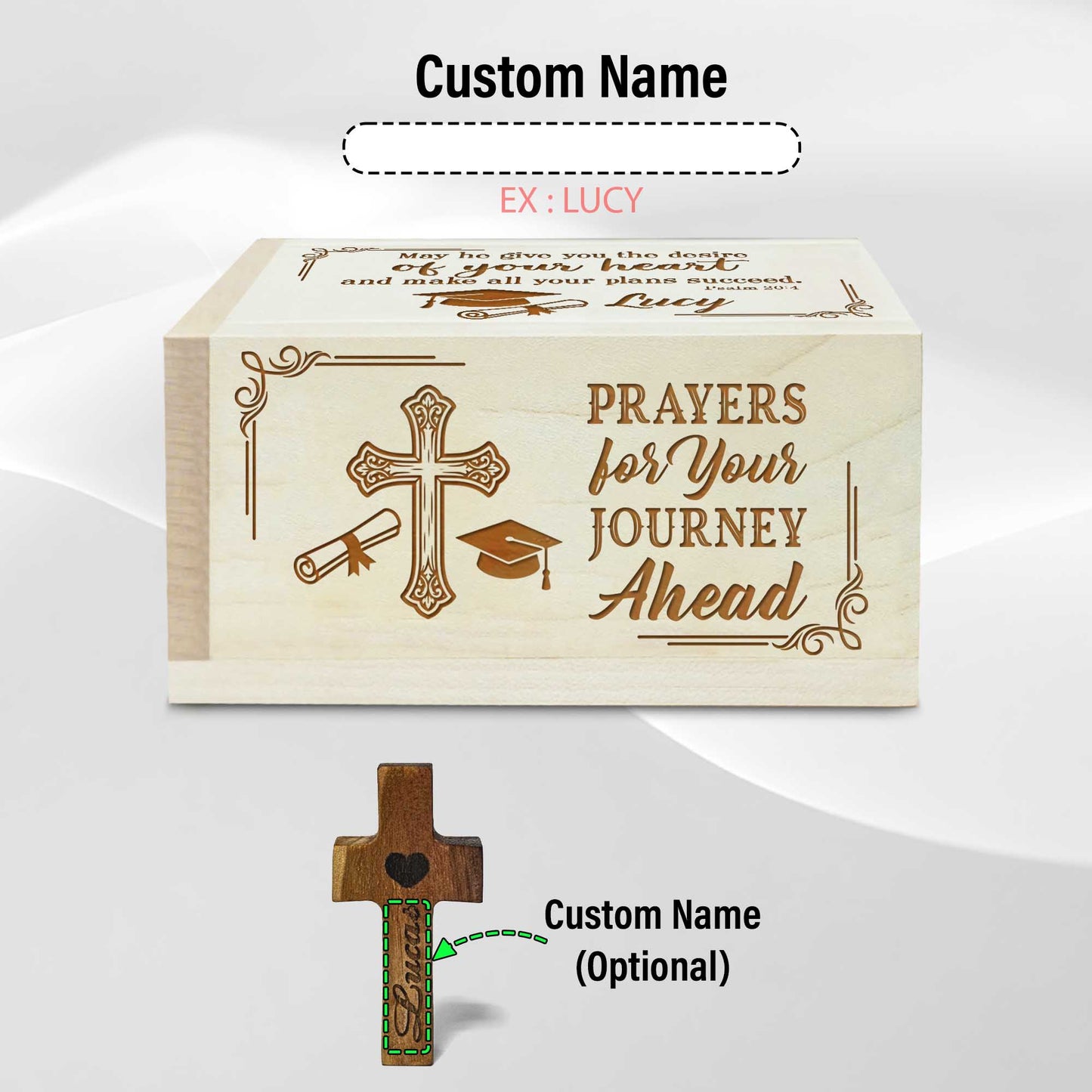 Netecom Personalized Graduation Prayer Box with Custom Name Wooden Cross, Maple Wood Faith Keepsake with 100 Prayer Cards, Christian Gift for New Beginnings