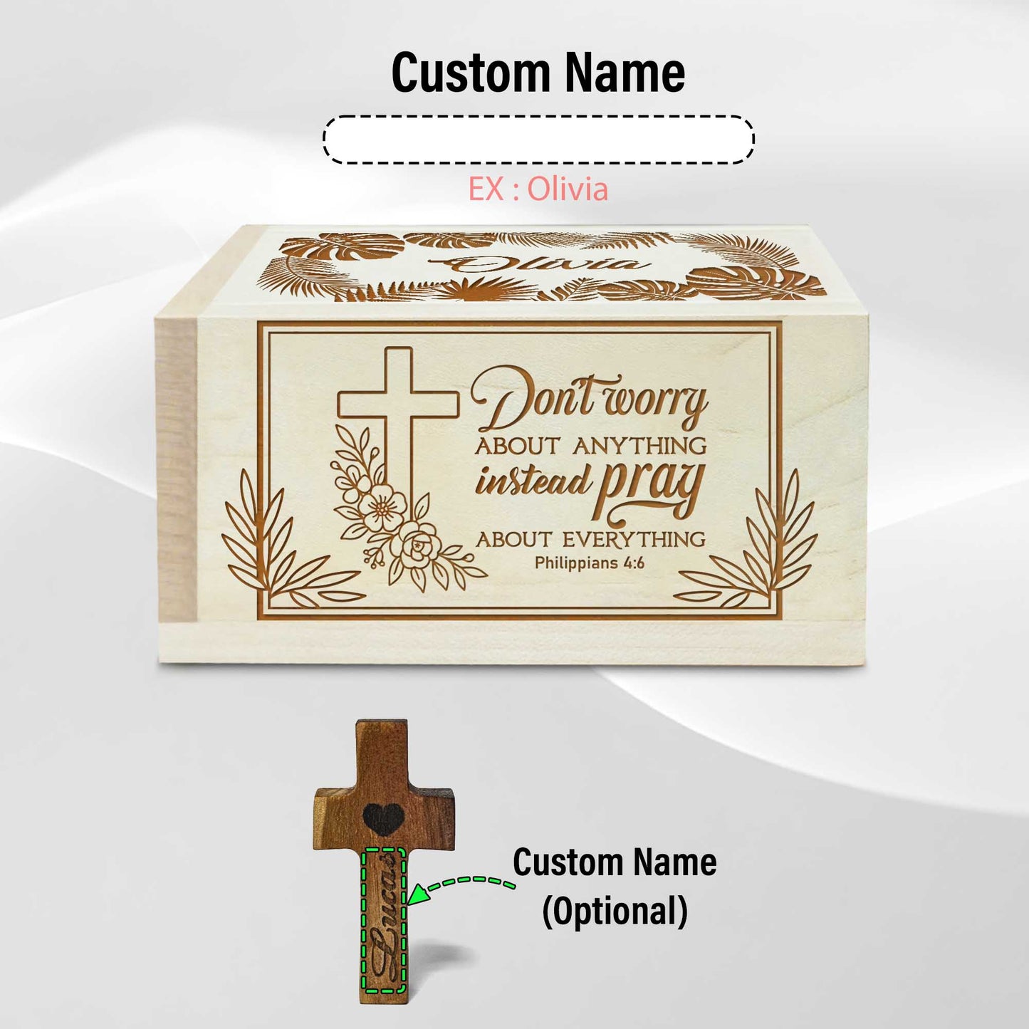 Netecom Personalized Christian Prayer Box with 100 Prayer Request Cards and Custom Name Wooden Cross, Faith-Inspired Daily Devotional Gift