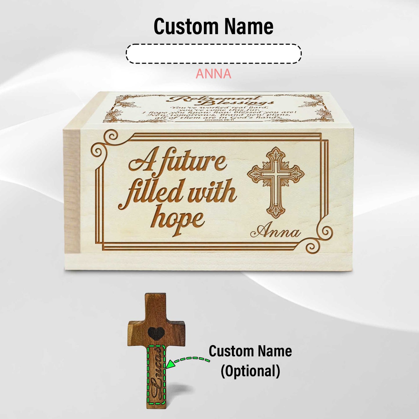Netecom Personalized Retirement Prayer Box with Custom Name on Box and Cross, Christian Faith Gift for Reflection and Spiritual Encouragement