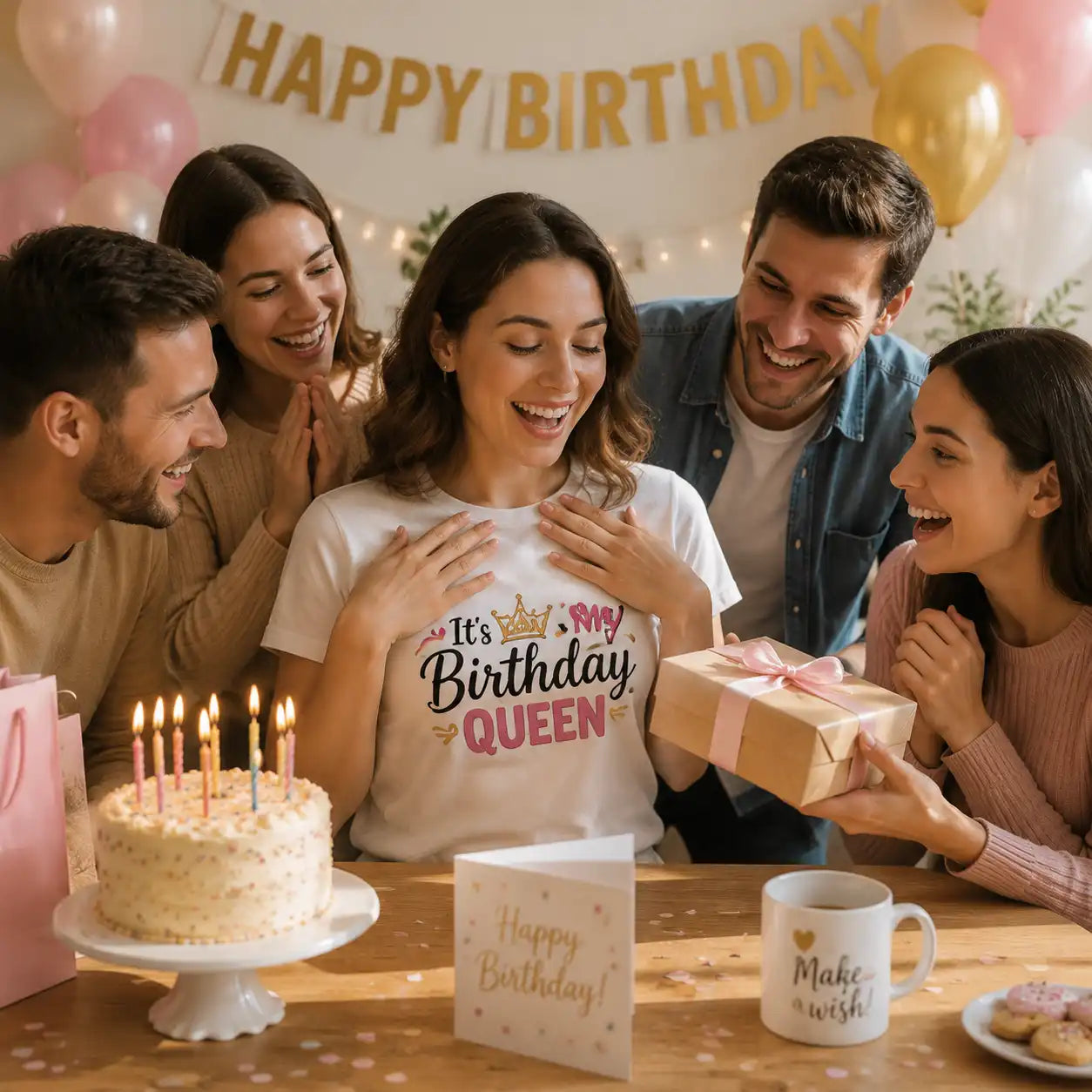 A joyful birthday celebration with family and friends, featuring a personalized birthday shirt and a meaningful gift moment