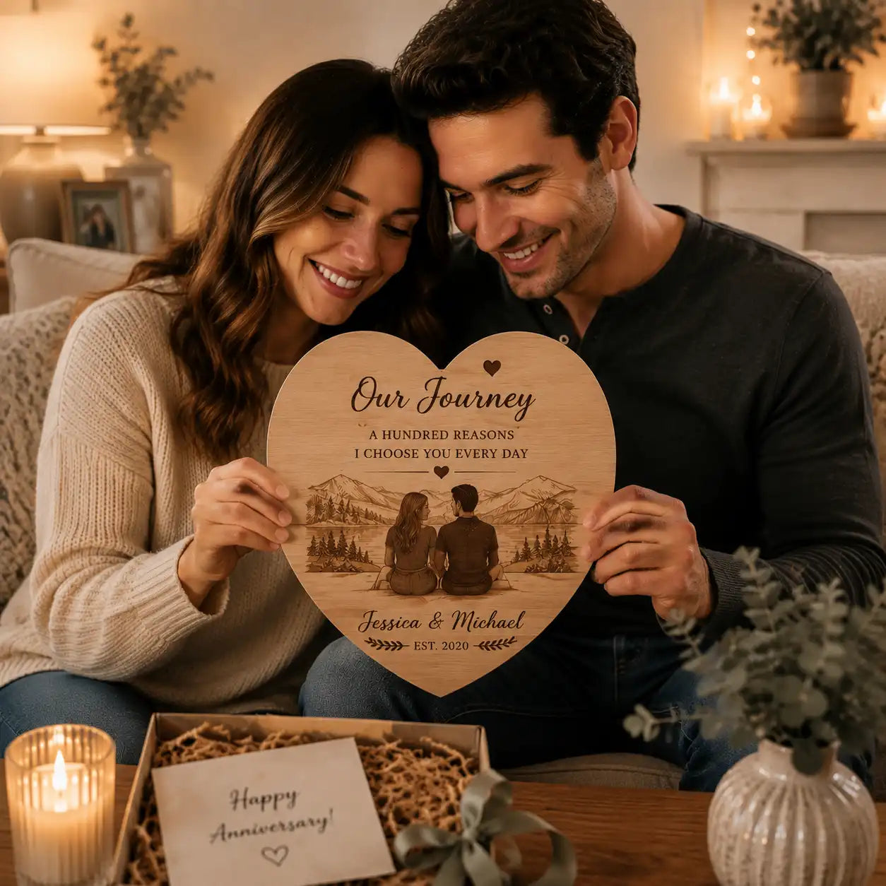 A couple sharing a personalized keepsake gift that celebrates their special memories together