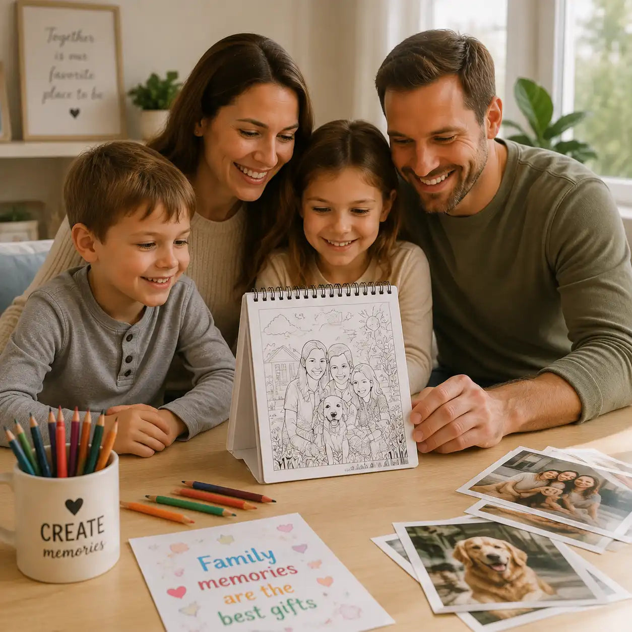 A family enjoying a personalized photo coloring book together, creating a meaningful keepsake from their favorite memories