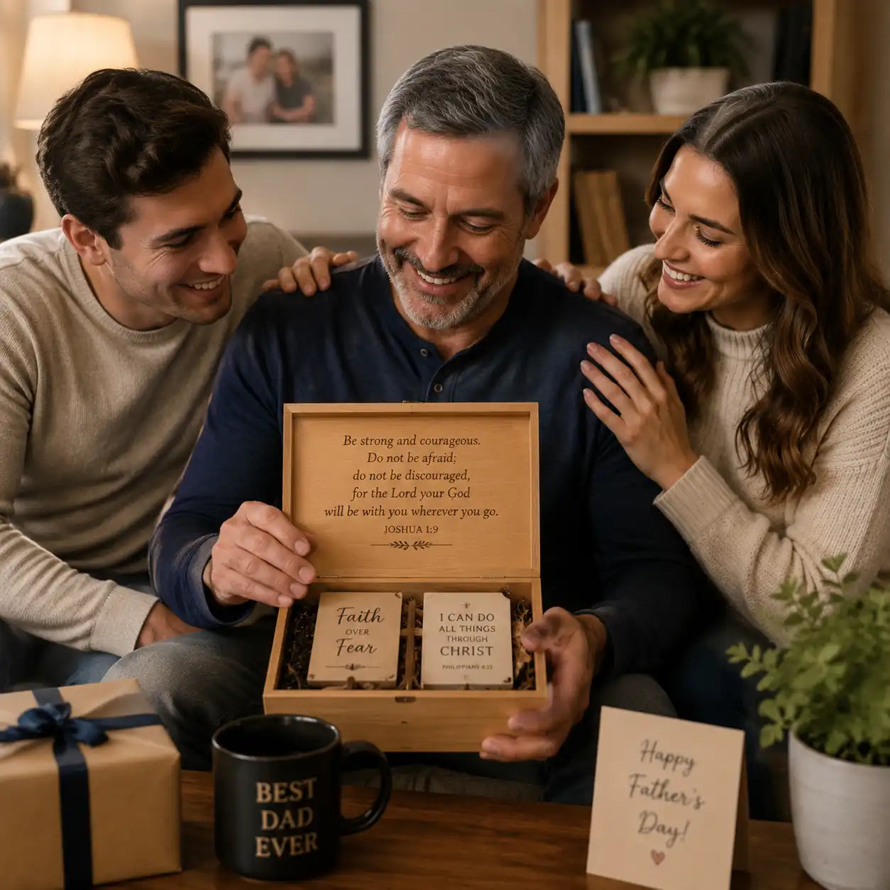 A father receiving a thoughtful personalized keepsake gift from his family