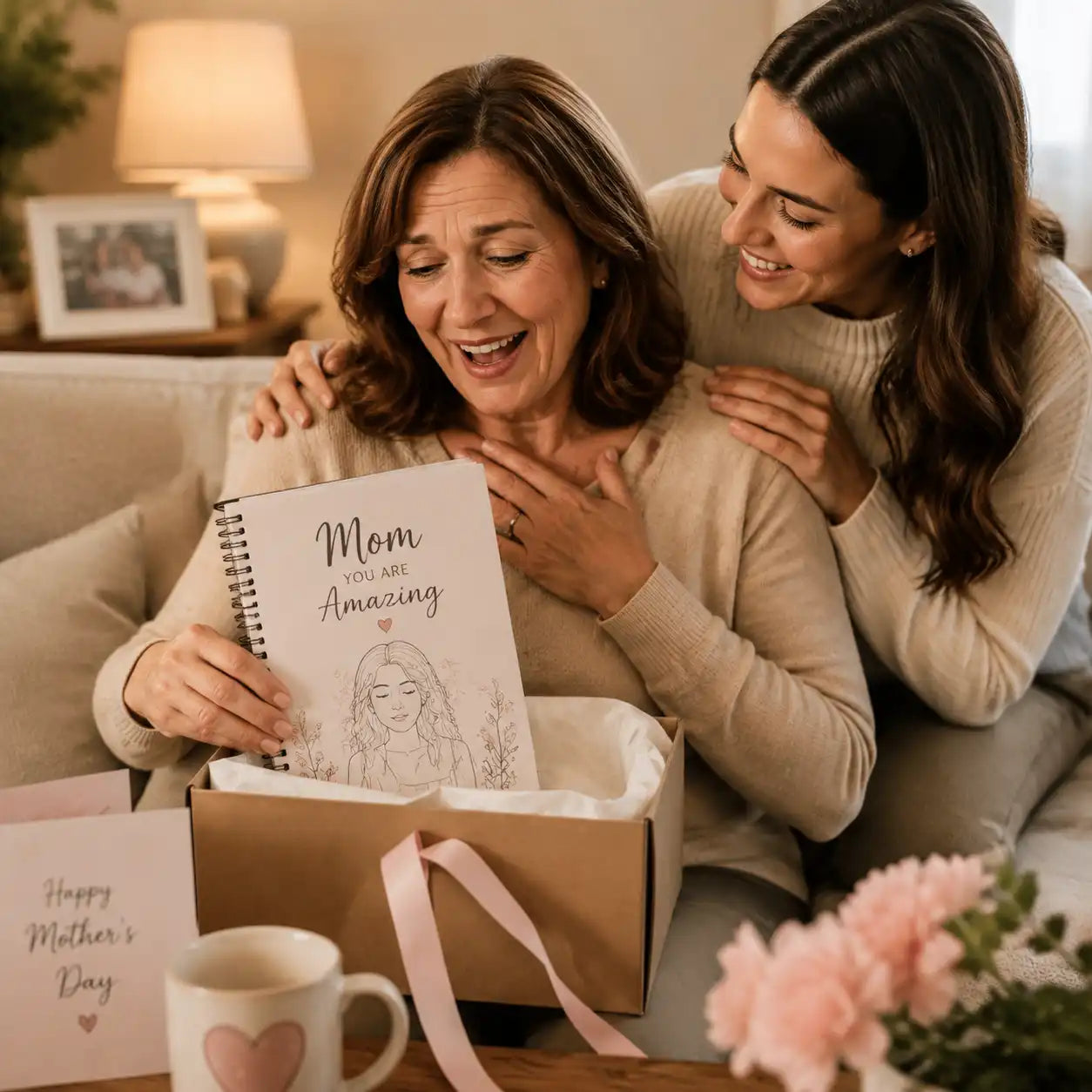 A mother receiving a personalized gift from her family, celebrating a meaningful moment together