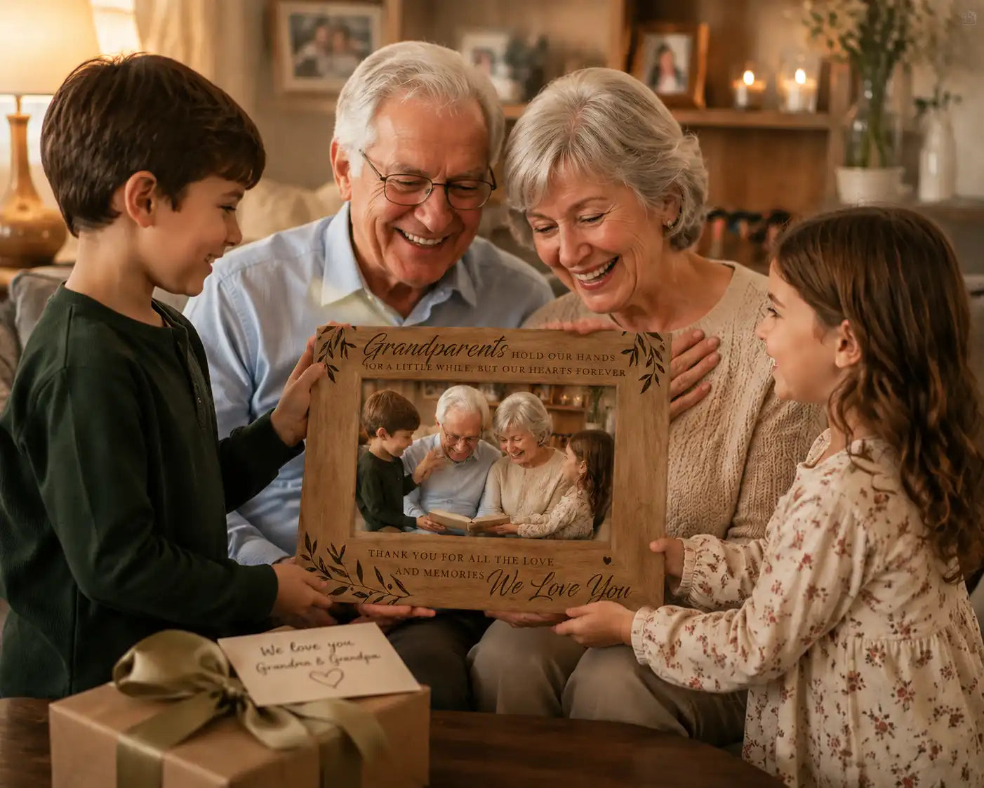 Grandparents receiving a personalized wooden keepsake gift from their grandchildren, celebrating family memories and special moments together