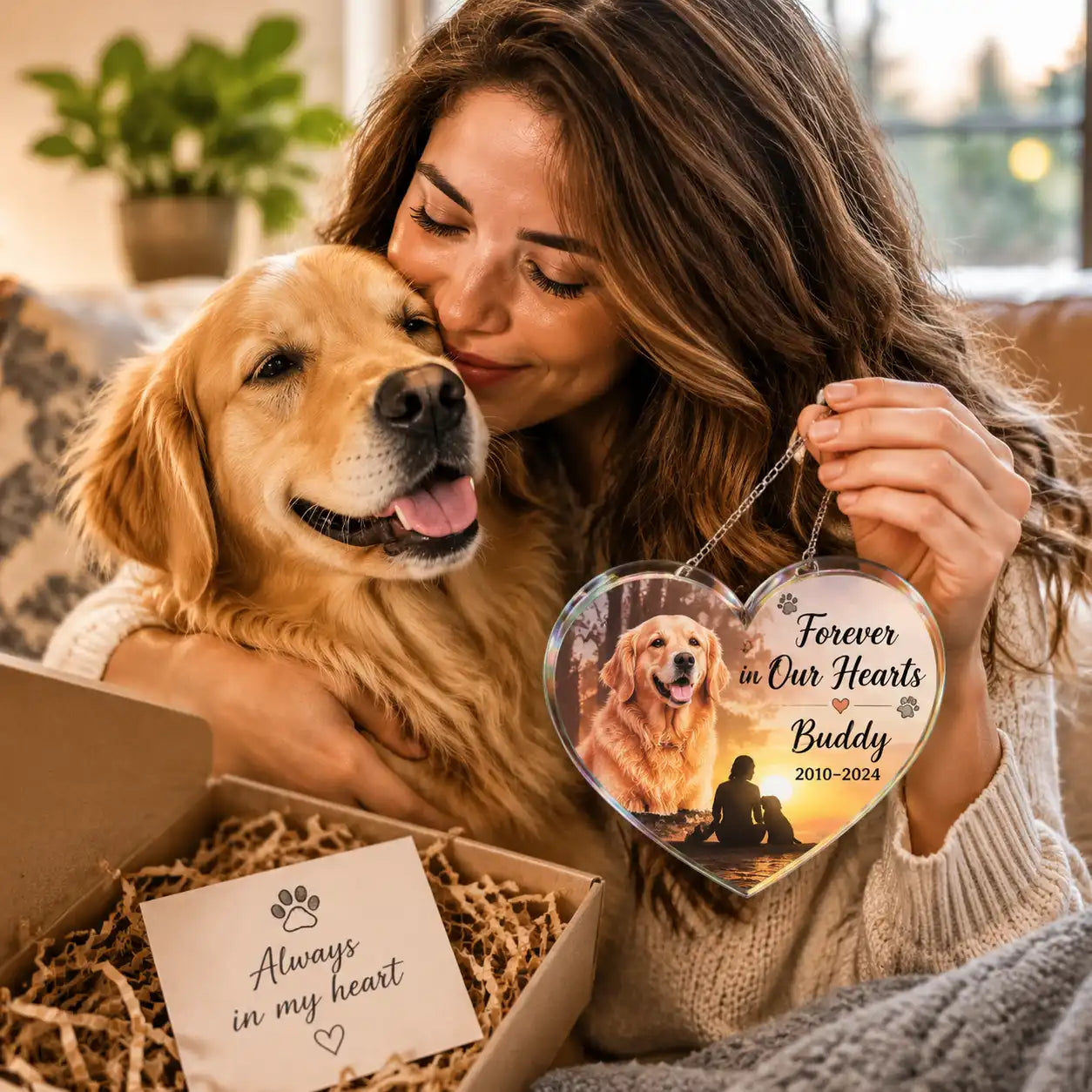 A pet lover cherishing a personalized memorial gift celebrating the bond with a beloved pet