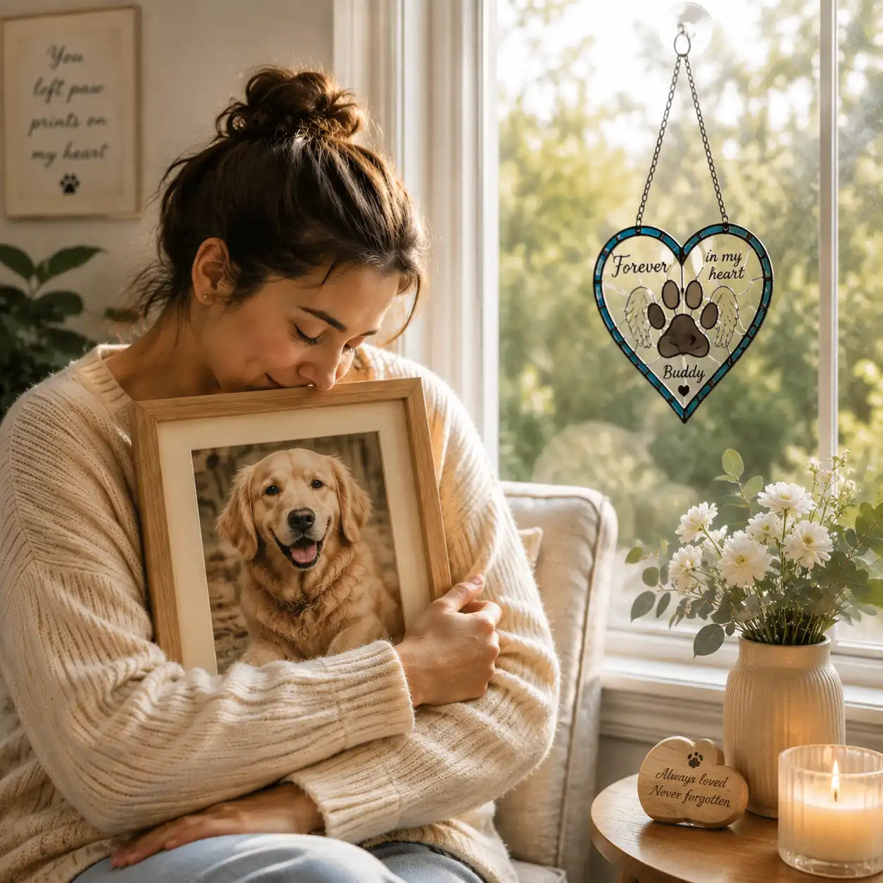 Personalized pet memorial keepsake featuring a memorial suncatcher by a window and a heartfelt tribute to a beloved pet