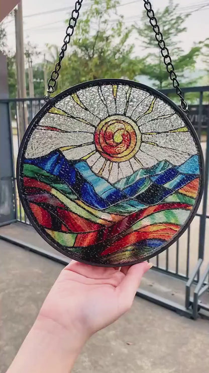 Netecom Mountain Range Stained Glass Suncatcher – Nature-Inspired Window Hanging, Sunrise and Sunset Decor for Home
