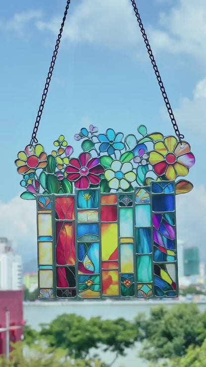 Netecom Cat Book Flower Acrylic Suncatcher – Faux Stained Glass Window Hanging, Reading Cat Book Ornament, Gift for Book Lovers & Cat Lovers