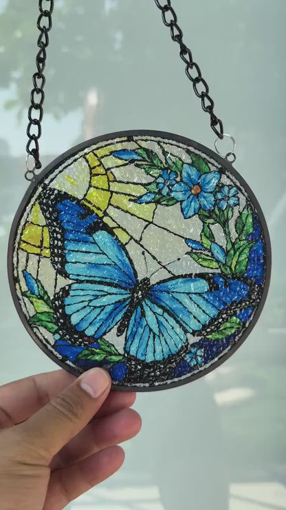 Netecom Blue Butterfly Stained Glass Suncatcher – Round Window Hanging Decor, Butterfly Lovers, Floral Sun Catcher Gift for Mom Grandma