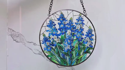 Netecom Blue Wildflower Stained Glass Suncatcher – Round Window Hanging Decor, Floral Sun Catcher Gift for Mom Grandma