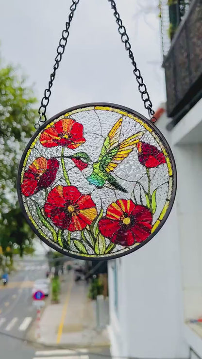 Netecom Hummingbird Poppy Flower Stained Glass Suncatcher – Bird Glass Art, Nature-Inspired Window Hanging, Gift for Hummingbird Lovers