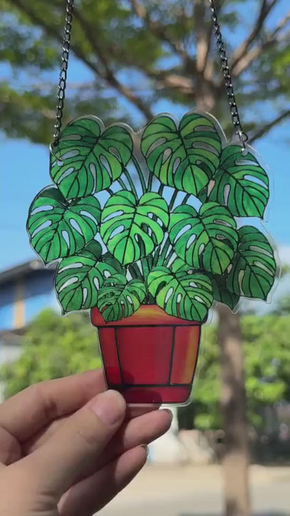 Netecom Monstera Leaves Acrylic Suncatcher – Faux Stained Glass Window Hanging Decor, Plant Lover Gift, Monstera Home, Garden Decor for Men Women