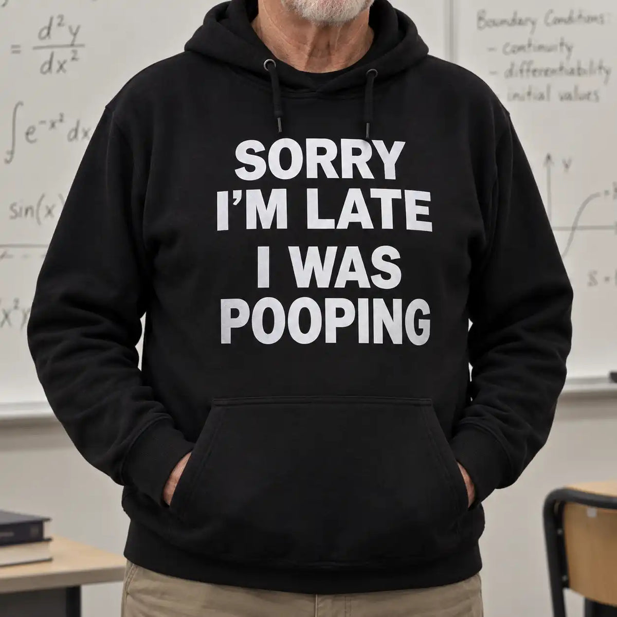 Netecom black hoodie featuring Sorry I'm Late I Was Pooping funny graphic design for casual wear