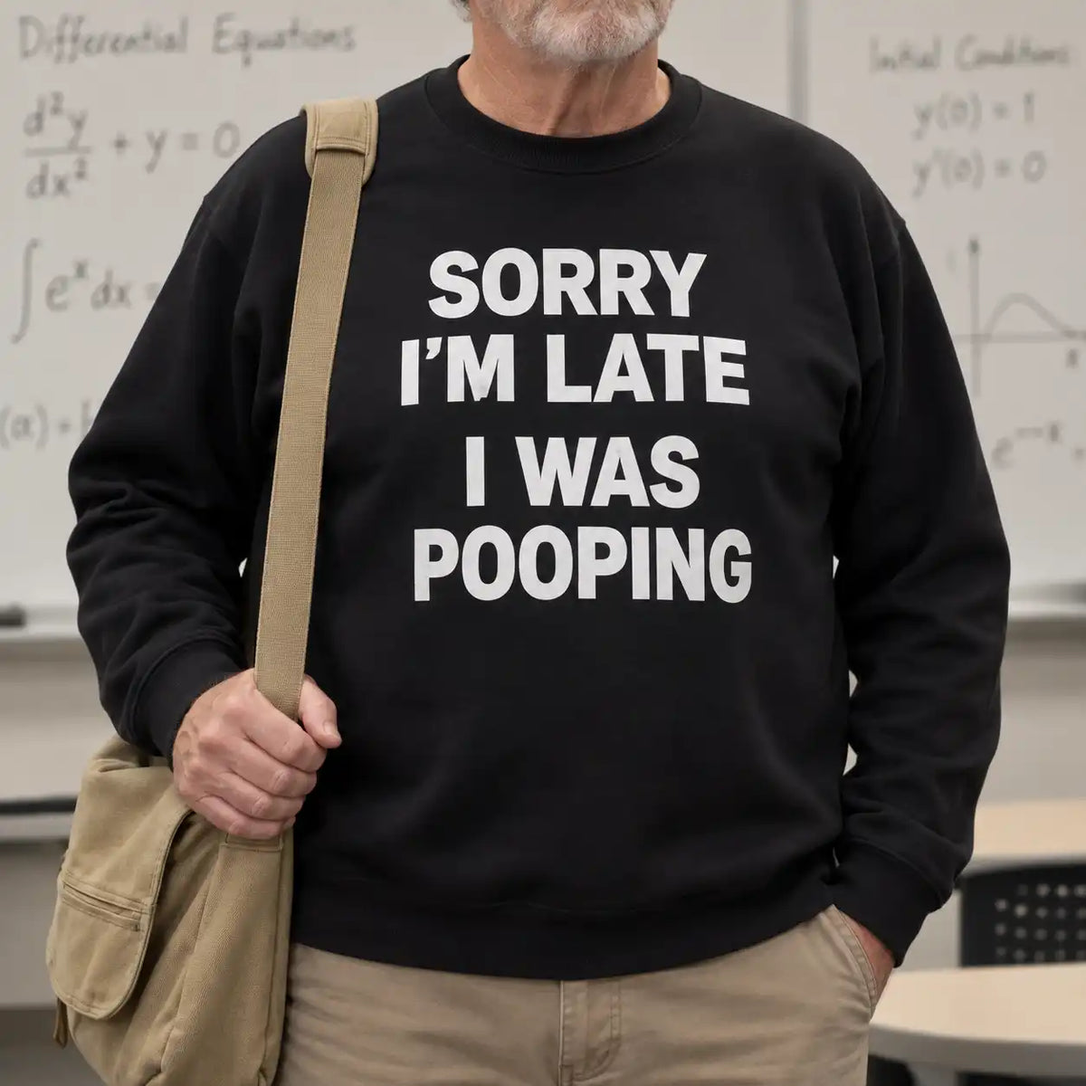 Netecom black crewneck sweatshirt with funny Sorry I'm Late I Was Pooping text design for men and women