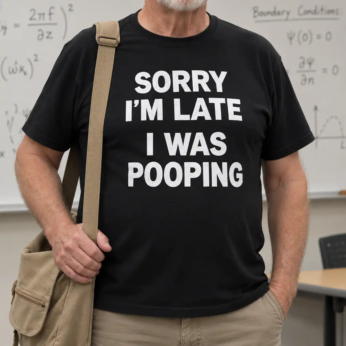 Netecom black funny graphic t-shirt with Sorry I'm Late I Was Pooping text design worn in classroom setting